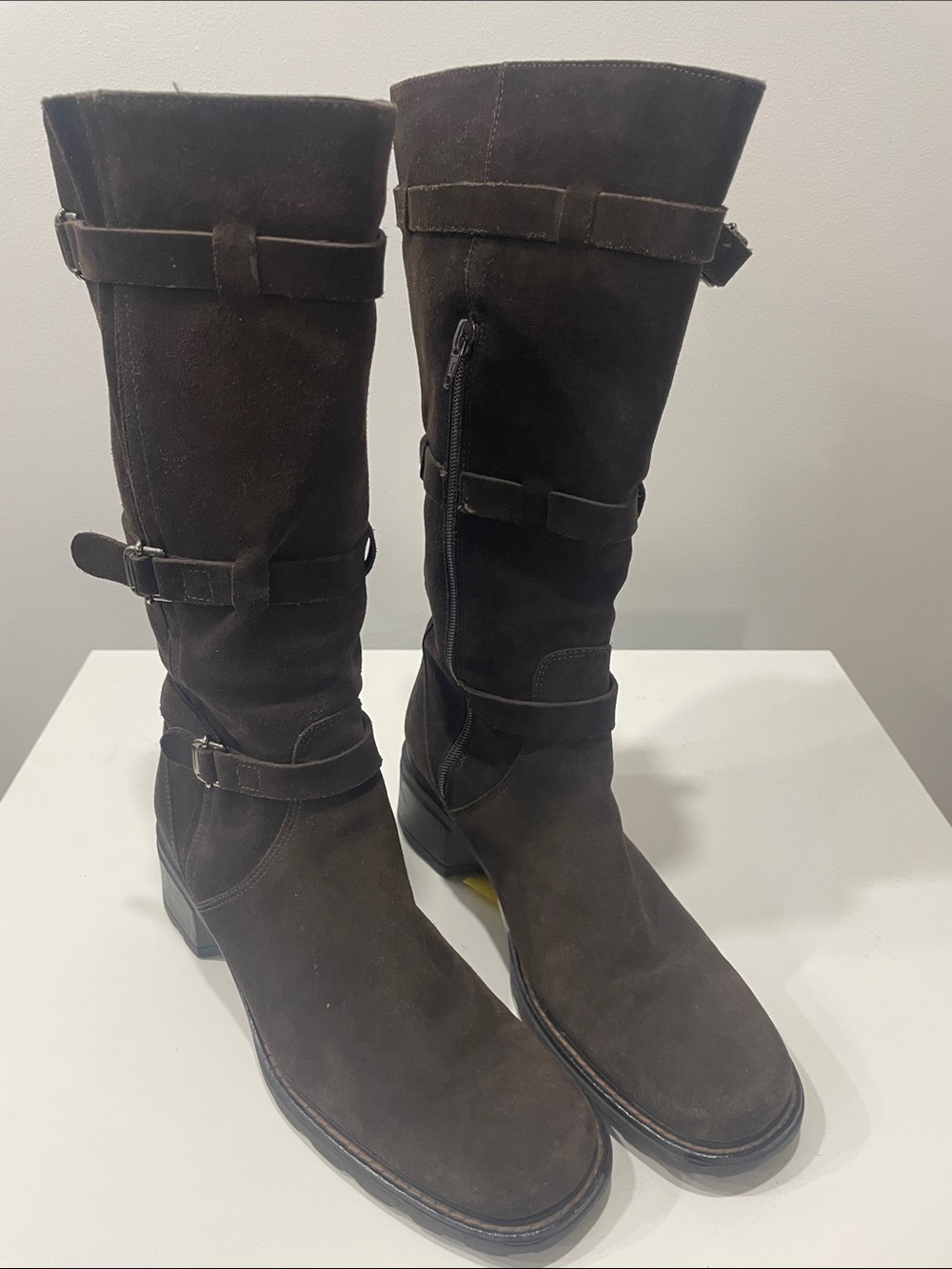 Aquatalia Dark Brown Suede Knee-High Buckle Heeled Boots